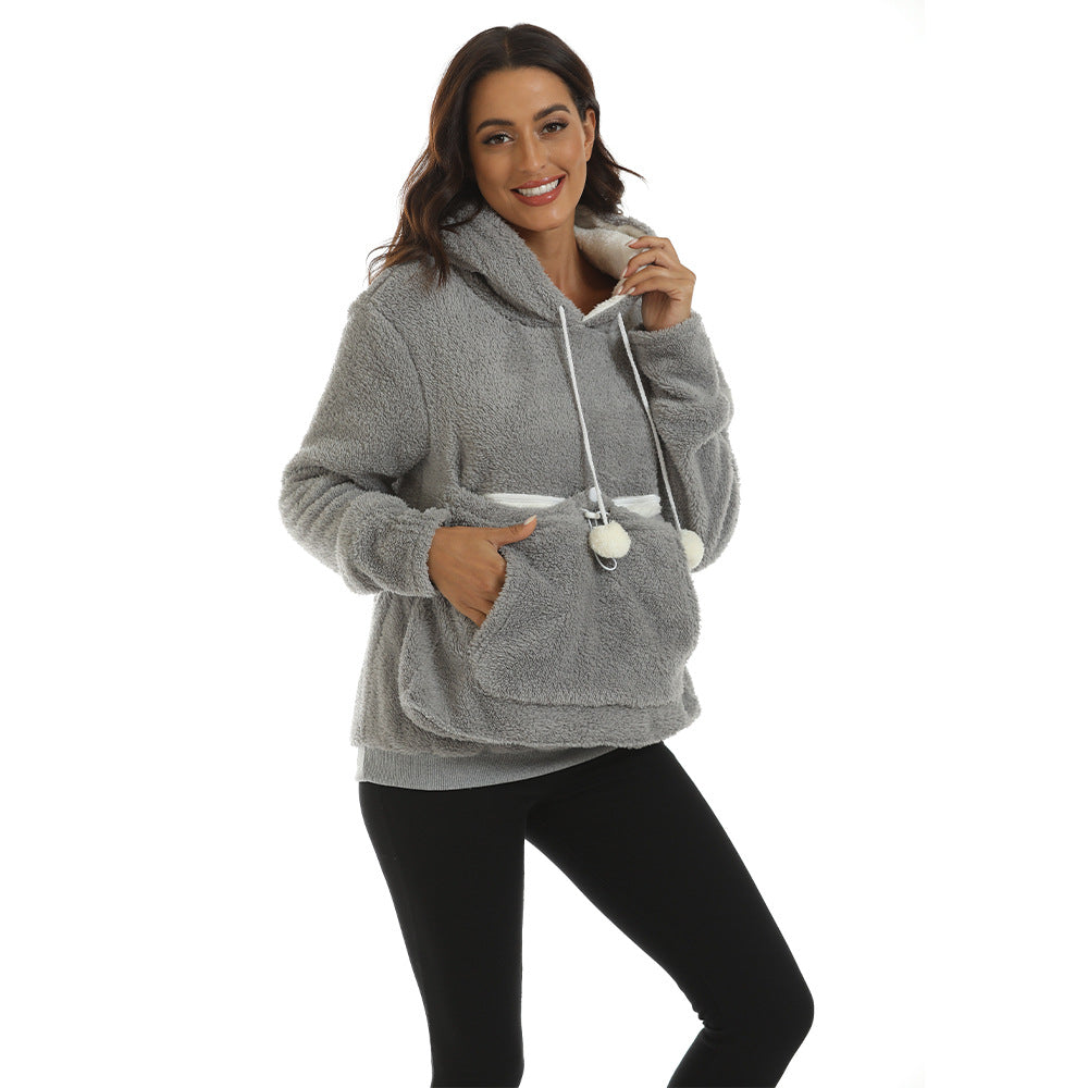 Large Pocket Solid Color Hooded Sweater