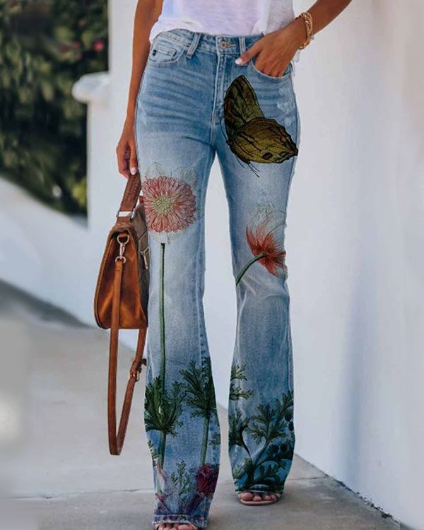 Printed Thin Jeans Large Size Women's Casual Pants