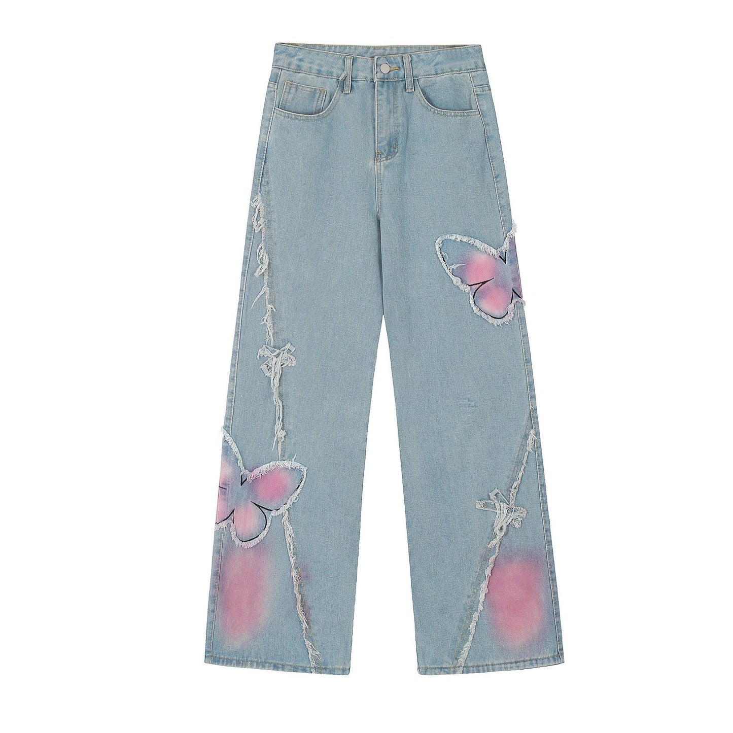 Pantalones de mezclilla con lavado de mariposa dulce y lindo