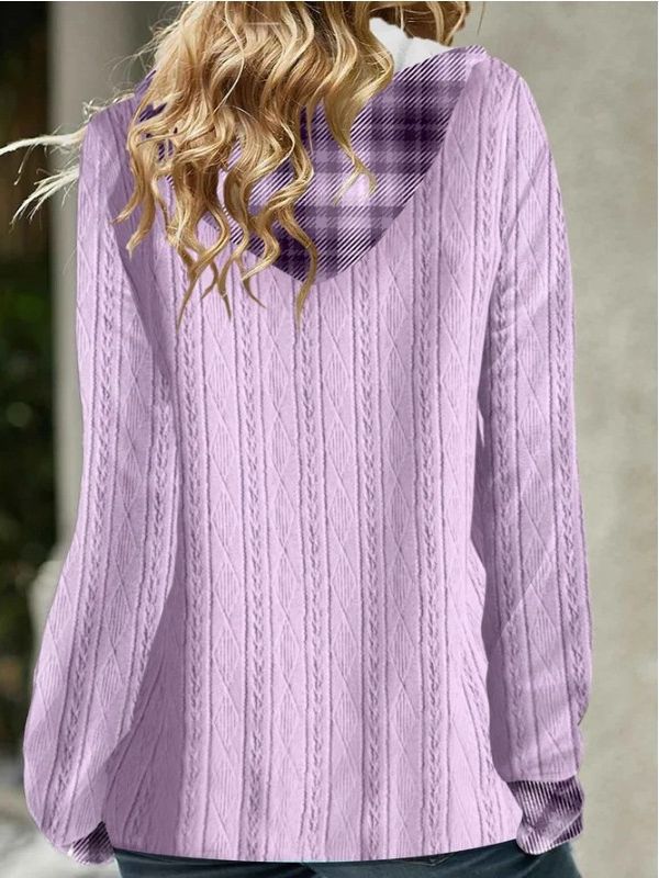 Knitted Stitching Contrast Color Jacquard Hooded Long Sleeve Sweater