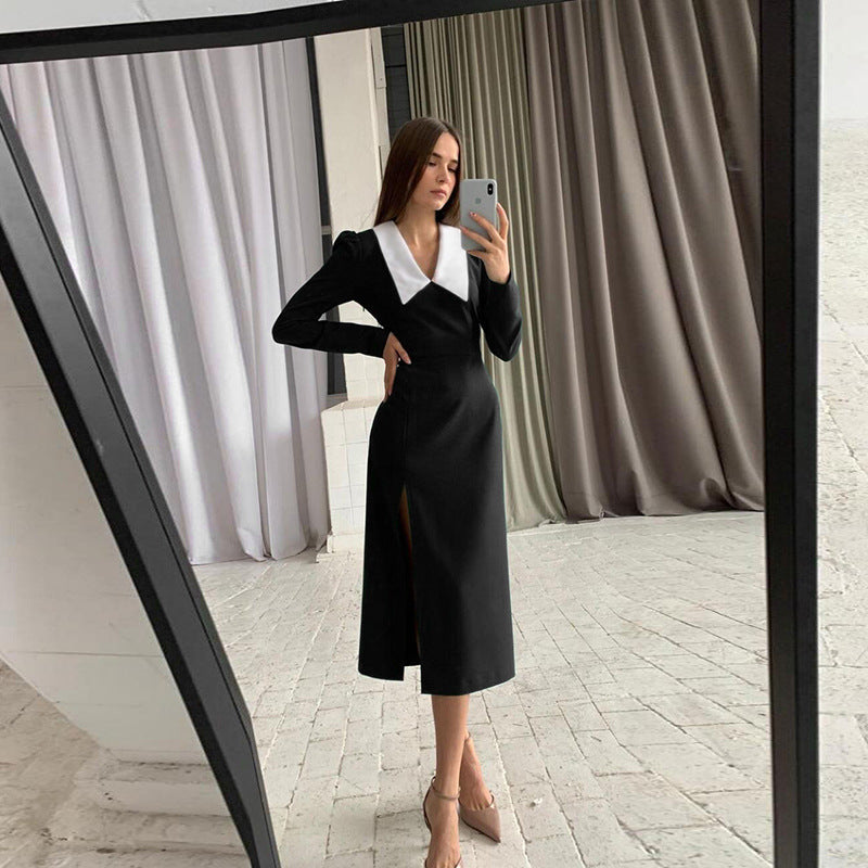 Women's Long Sleeve V Neck Slim Fit Solid Color Split Temperament Dress