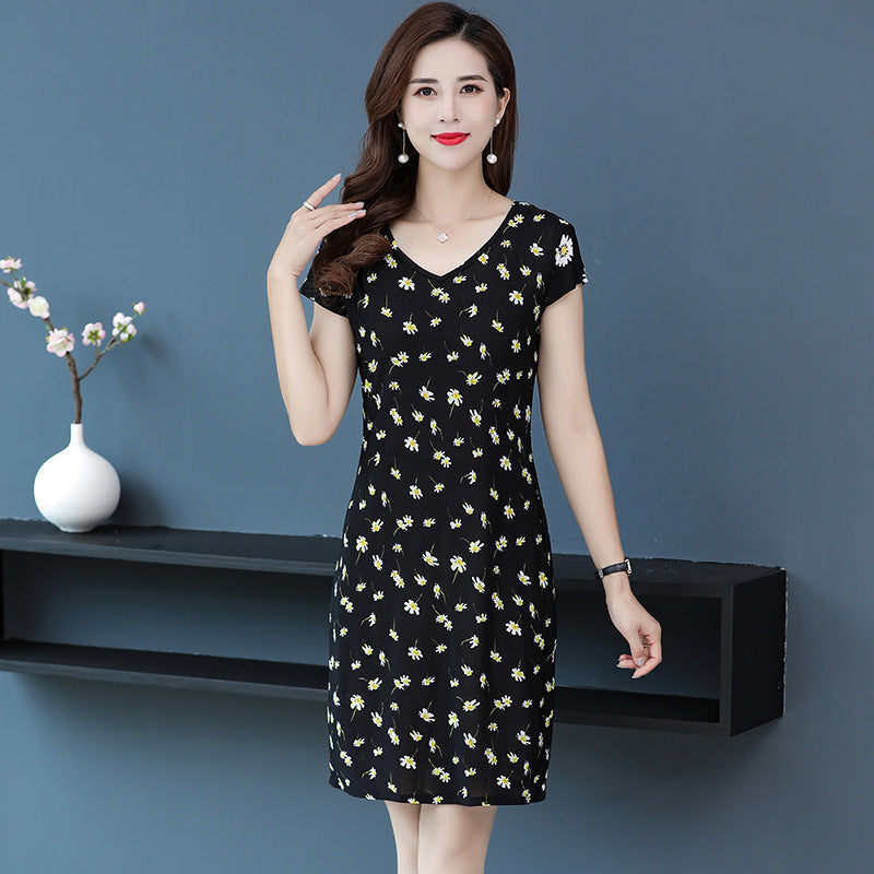 Milk Silk Mother Short-sleeved Ice Silk Dress Plus Size Silk Dress