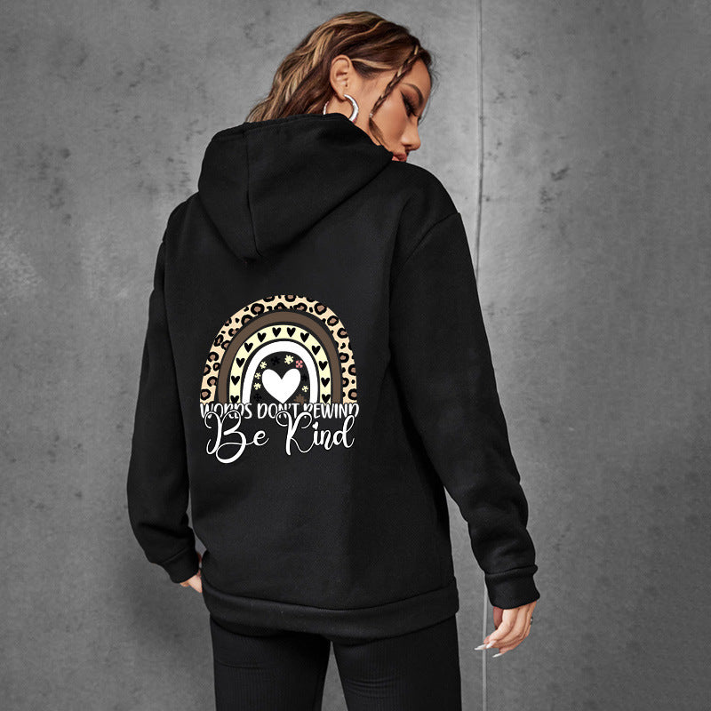 Be Kind Letter Print Hooded Heel Wrapped Collar Brushed Hoody Women