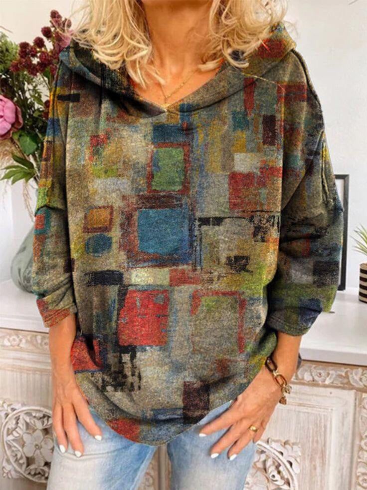 Women's Fashion Casual Printing Long-sleeved Lapel Hooded Sweater