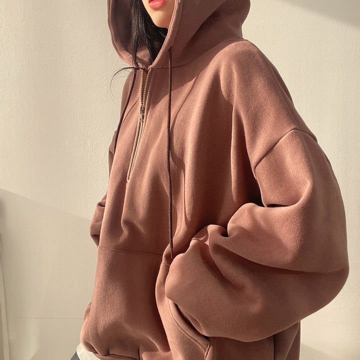 Autumn And Winter Fleece-lined Pullover Zipper Hooded Sweater For Women