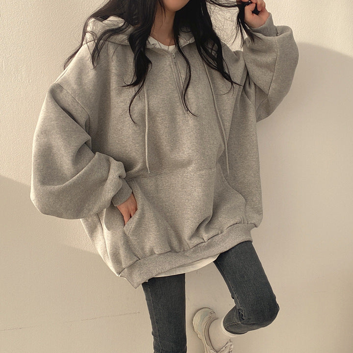 Autumn And Winter Fleece-lined Pullover Zipper Hooded Sweater For Women