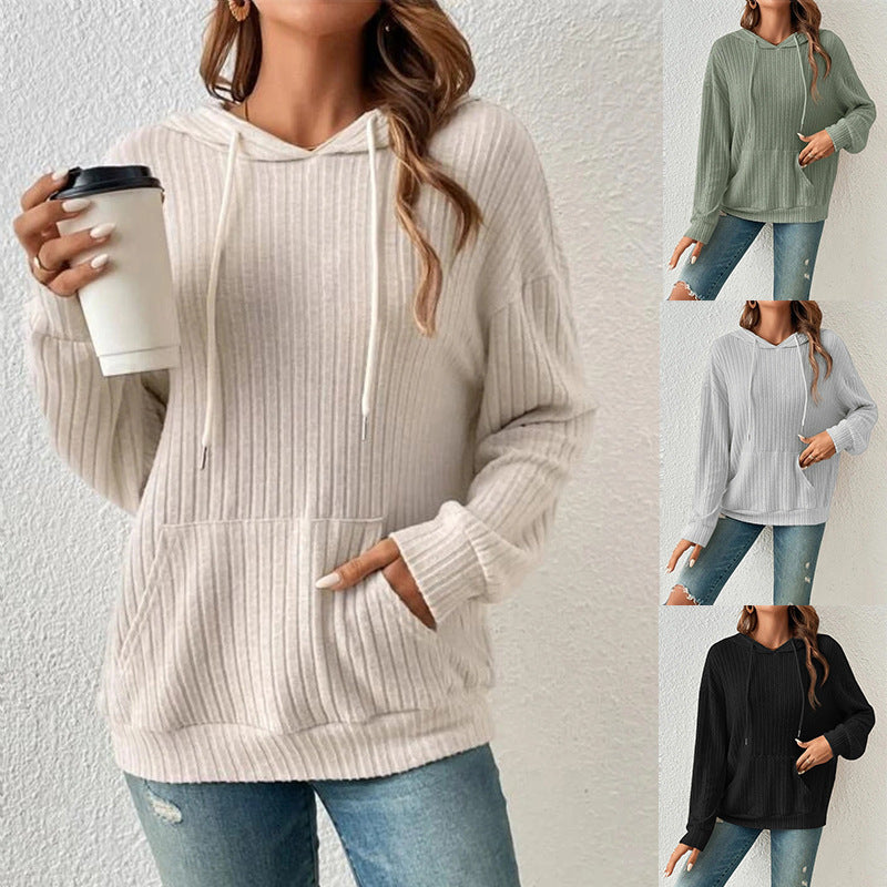 Women's Knitwear Hooded Sunken Stripe Kangaroo Pocket Sweatshirt