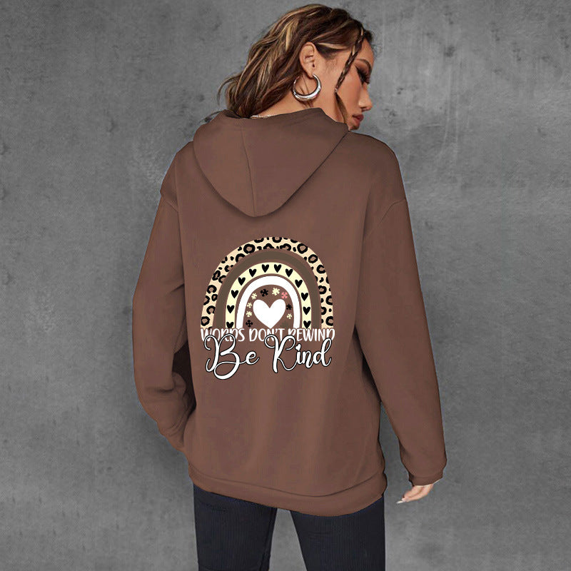 Be Kind Letter Print Hooded Heel Wrapped Collar Brushed Hoody Women