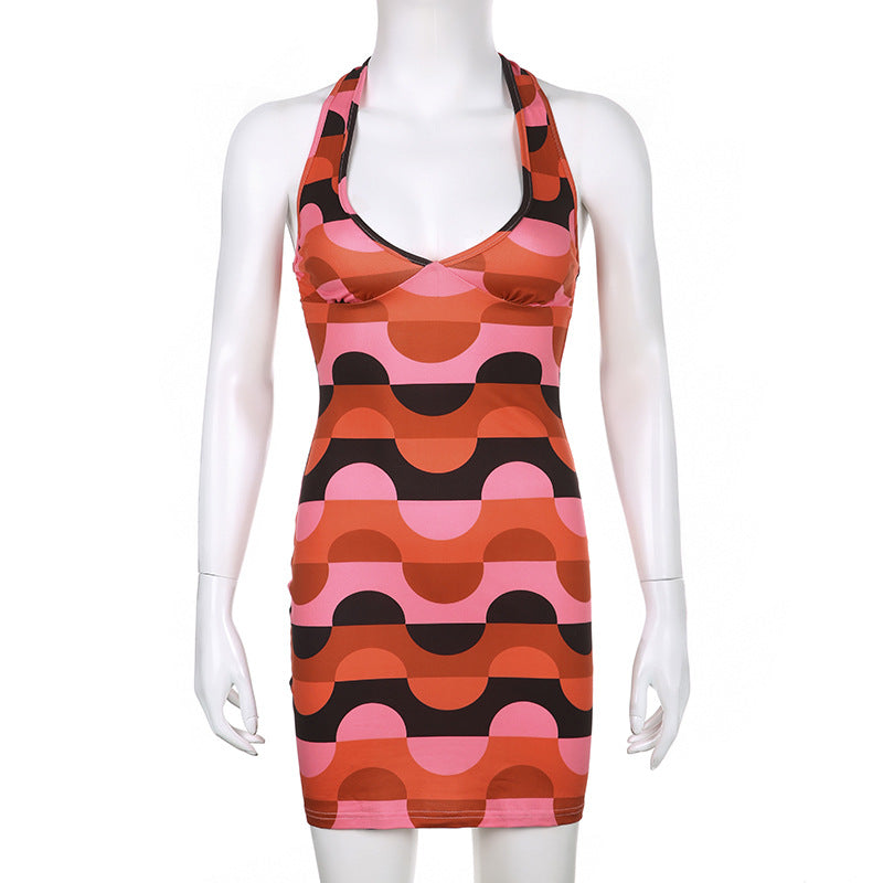 V Neck Halter Tie Printed Dress