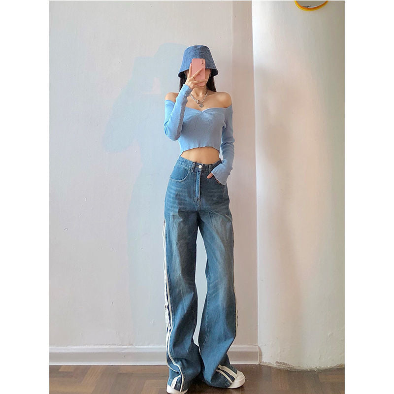 Double-layer Side Zipper Wide Leg Jeans Women Loose