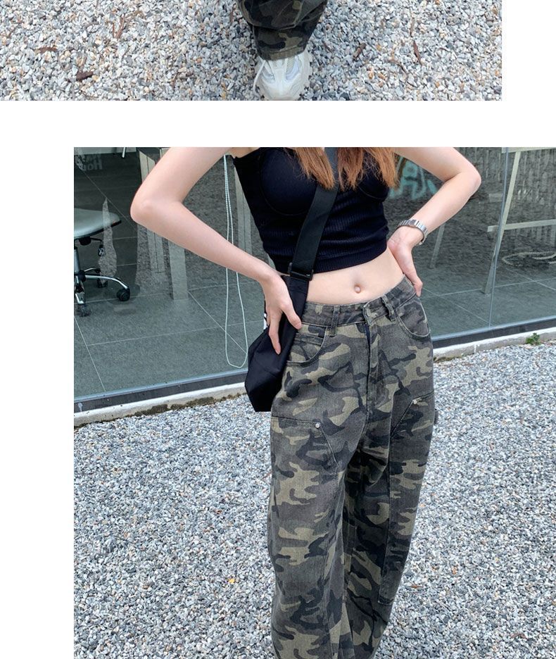 Camouflage Workwear Jeans Women's Straight Loose Retro Hip Hop Style High Waist Extra Long Wide Leg Pants