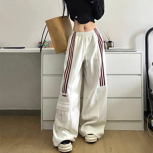 Retro Three Bars Casual Sports Pants Female Wide Leg Sweatpants