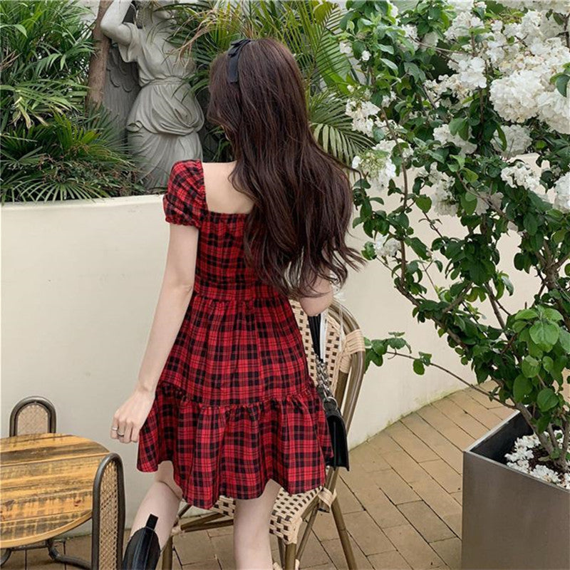 Women's French Summer Red Plaid Dress