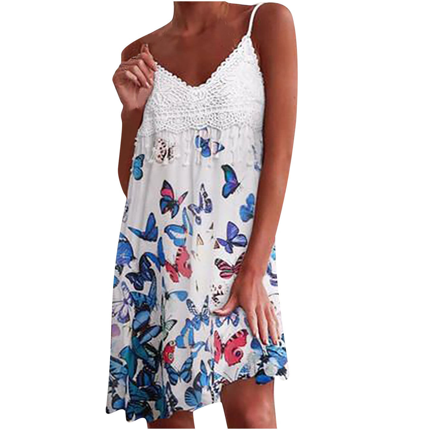 Lace V-neck Digital Print Sleeveless Slim Dress With Sling