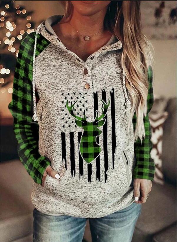 Hooded Loose Fleece Sweater Plaid Printed Long-sleeved Top