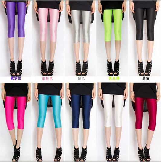 Fluorescent Seven-point Leggings Shiny Solid Color Gloss Pants