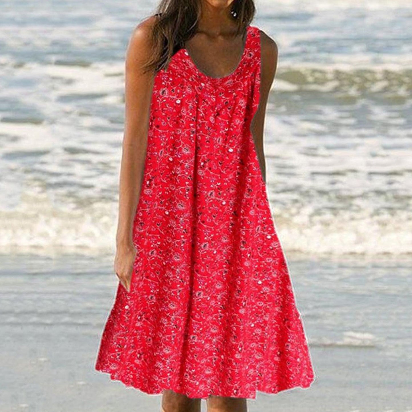 Women's Round Neck Sleeveless Printed Sundress