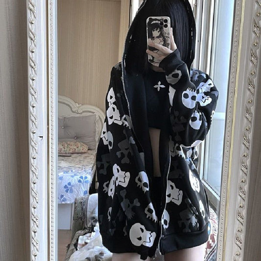 Dark Wind Skull Cardigan Hoodie Oversize Loose Hooded Zipper Thin Style Coat