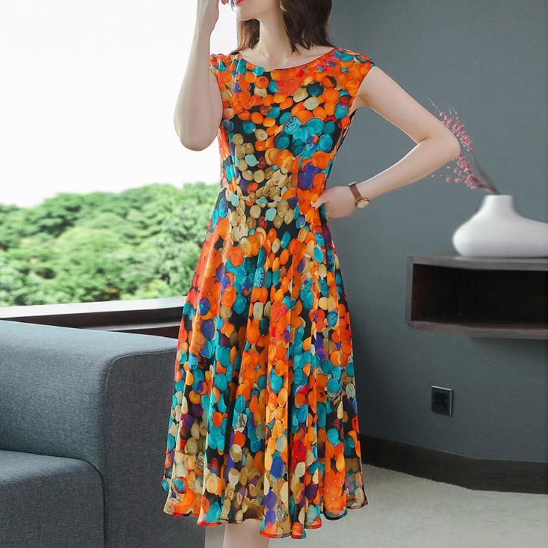 Printed Sleeveless Crewneck Slim Fit Swing Dress