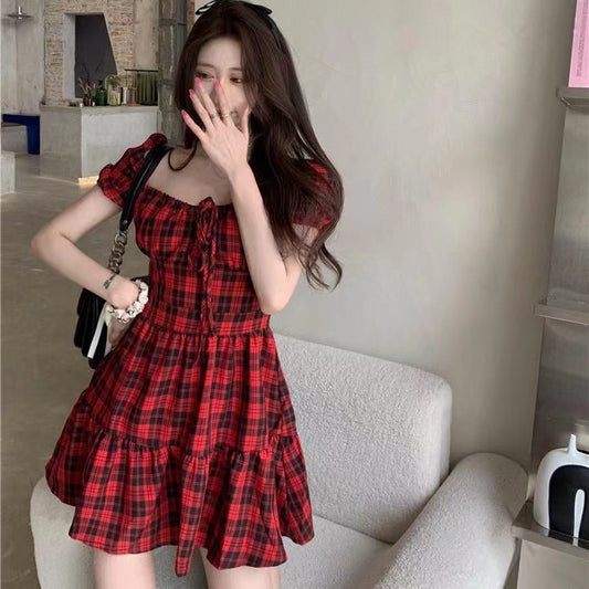 Women's French Summer Red Plaid Dress