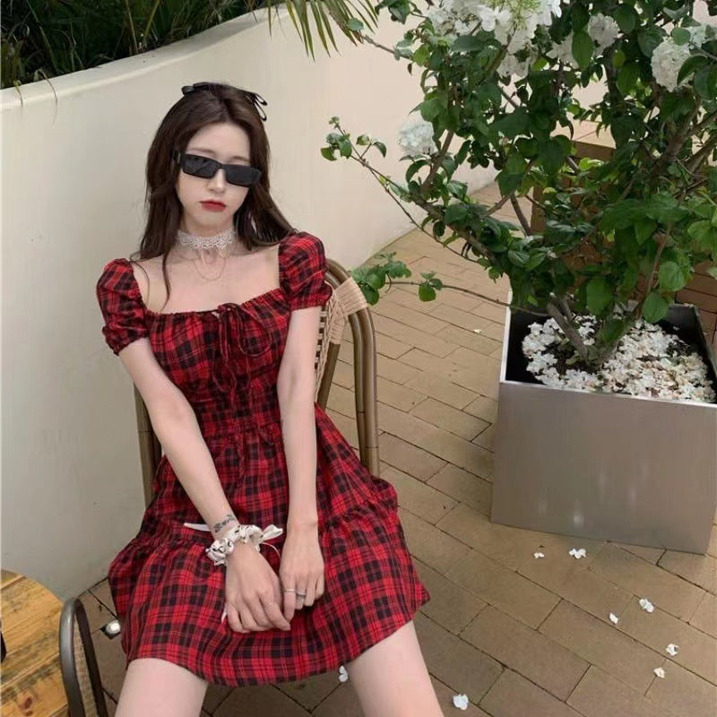 Women's French Summer Red Plaid Dress