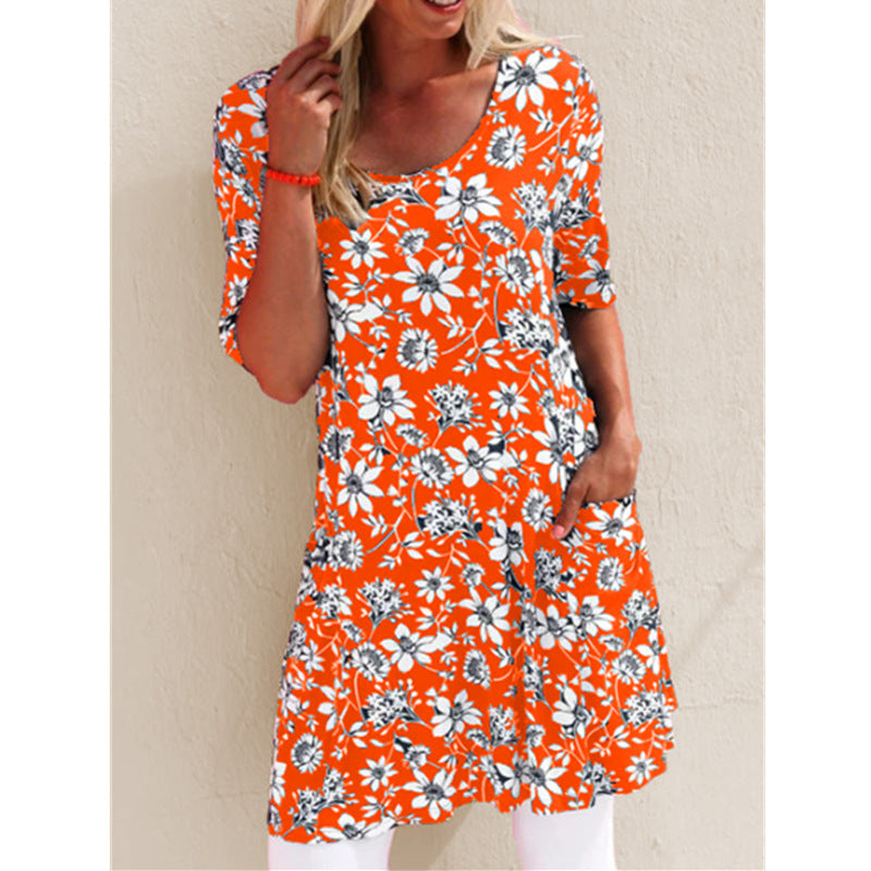 Summer Fashion Printed Loose Short Sleeve Pocket Dress Floral Dress