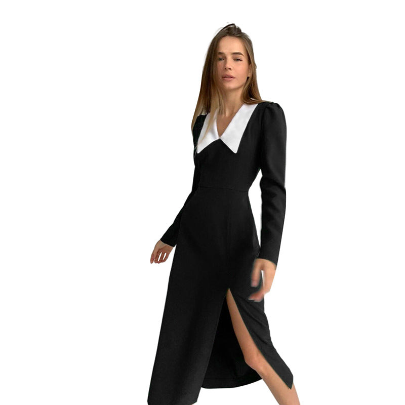 Women's Long Sleeve V Neck Slim Fit Solid Color Split Temperament Dress