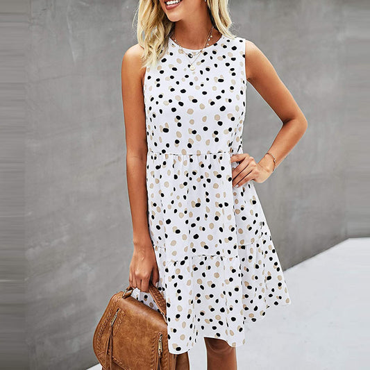 Women Summer Dot Print Sleeveless Loose Swing T-Shirt Dress With Pocket Casual Tank Mini Dresses Sundress