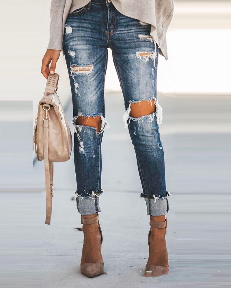 High-waisted Stretch Jeans With Ripped Feet And Slimming