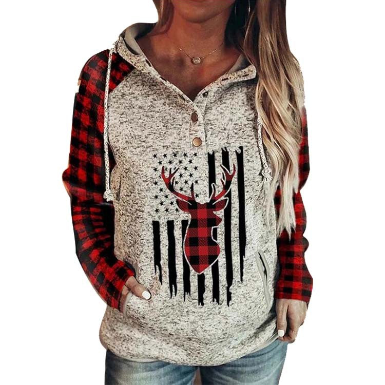 Hooded Loose Fleece Sweater Plaid Printed Long-sleeved Top