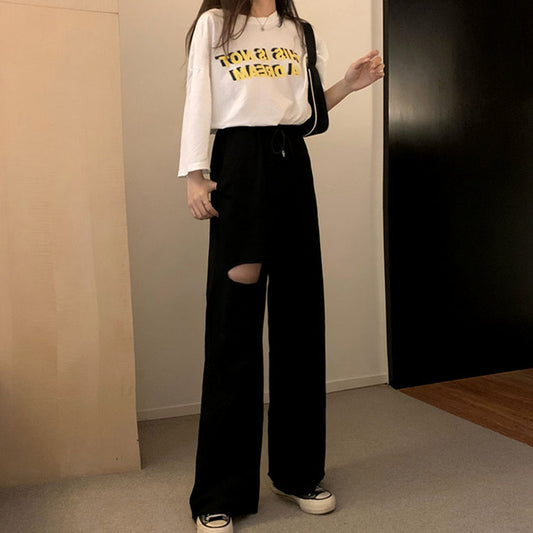 Loose All-match Student Drape Ripped Wide-leg Pants