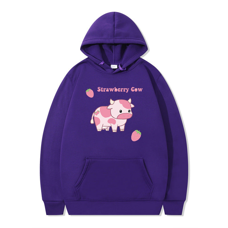 Strawberry Milk Print Long-sleeved Hoodie