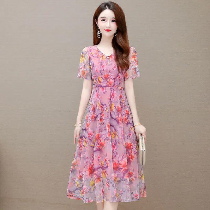 Dress Fashion Korean V-neck Short Sleeve Western Style Printed Midi Skirt