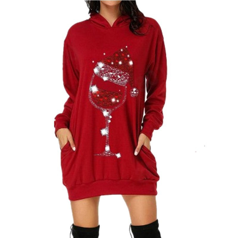 Women's Printed Mid-length Pocket Hooded Long Sleeve Sweater