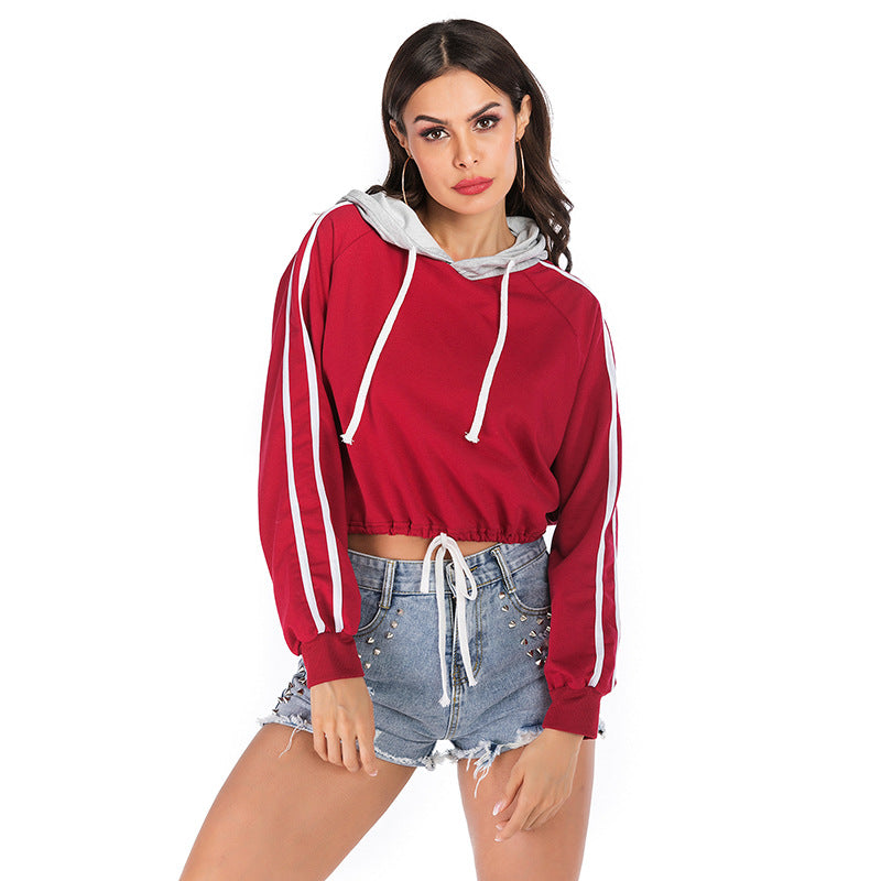 Drawstring Short Striped Long Sleeve Hooded Short Midriff-baring Hoodie Foreign Trade Women's Clothing