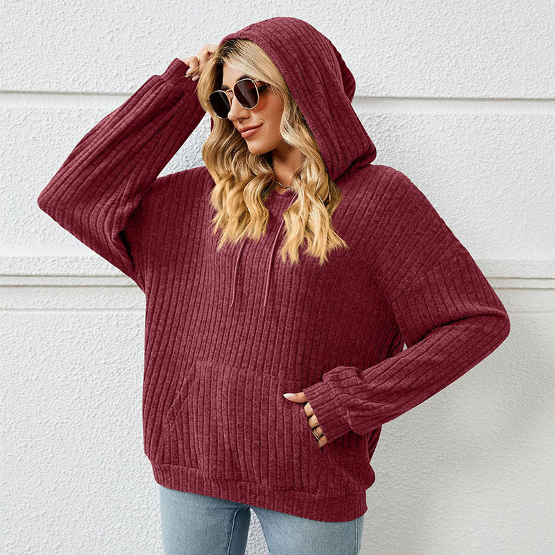 Knitted Sweater With Hooded Pit Stripe Kangaroo Pocket Sweater