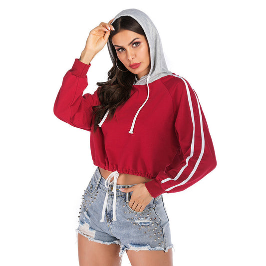 Drawstring Short Striped Long Sleeve Hooded Short Midriff-baring Hoodie Foreign Trade Women's Clothing