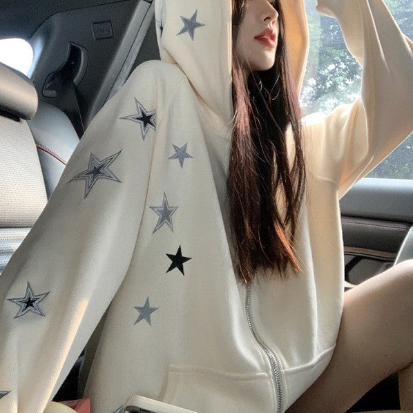 Sweet Cool Stars Embroidered Zipper Hooded Sweatshirt Jacket Female