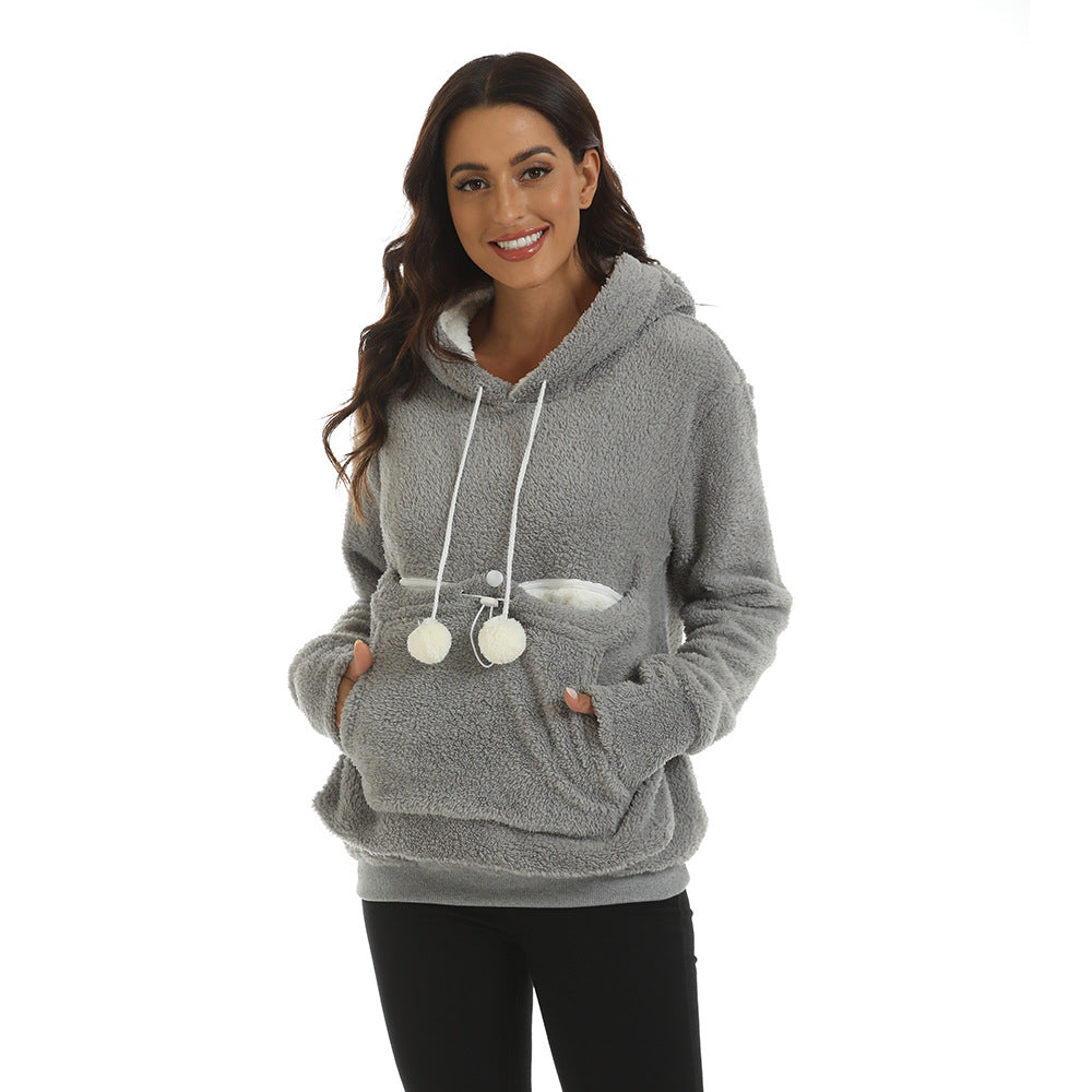 Large Pocket Solid Color Hooded Sweater