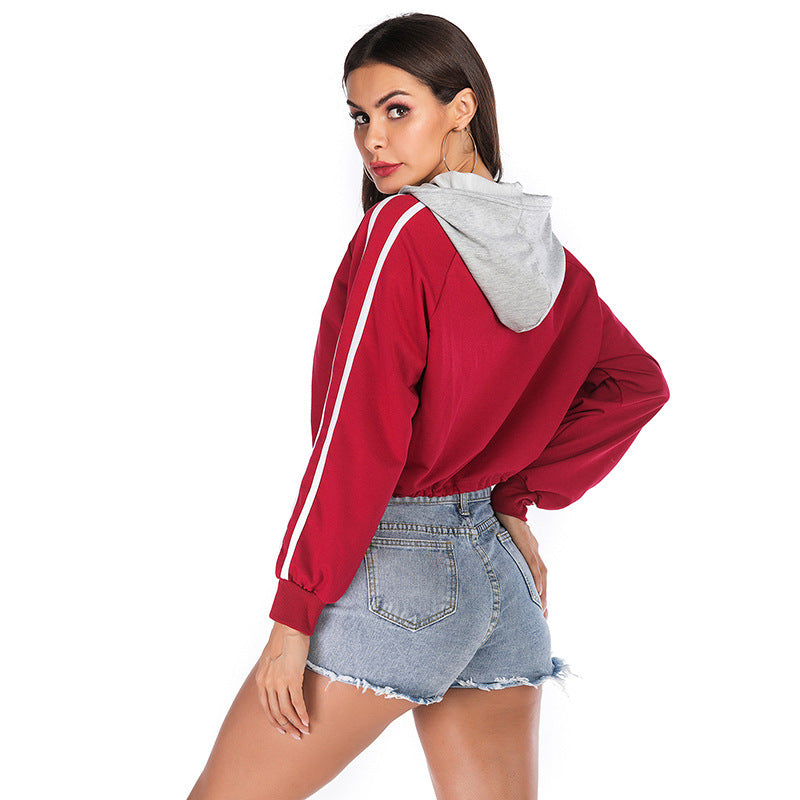 Drawstring Short Striped Long Sleeve Hooded Short Midriff-baring Hoodie Foreign Trade Women's Clothing