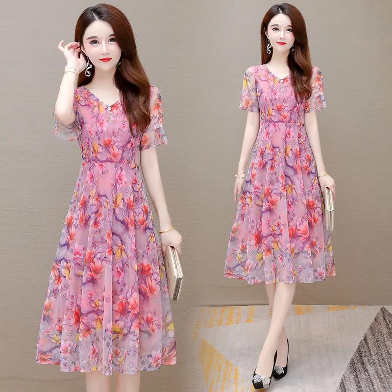 Dress Fashion Korean V-neck Short Sleeve Western Style Printed Midi Skirt