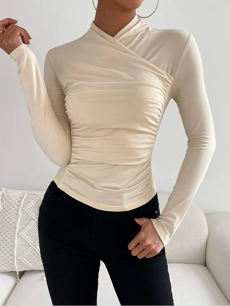 Design Cross Collar Slim Fit All-match Pleating Long Sleeve