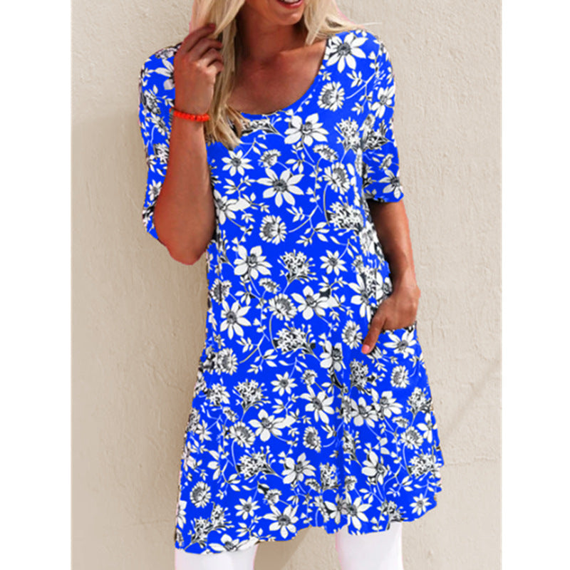 Summer Fashion Printed Loose Short Sleeve Pocket Dress Floral Dress