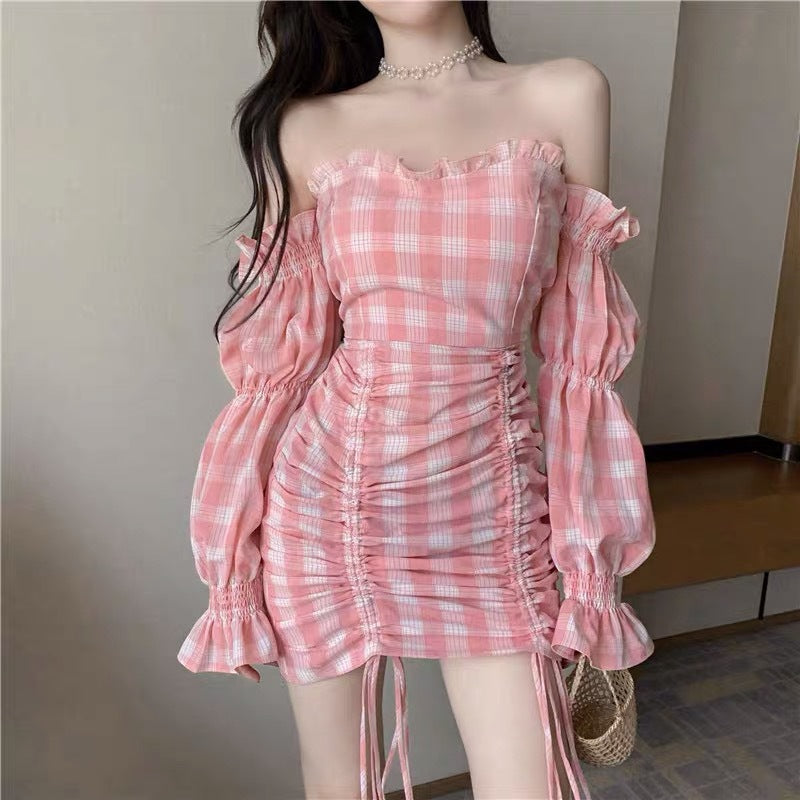 One-neck Sweet Check Retro Short Dress