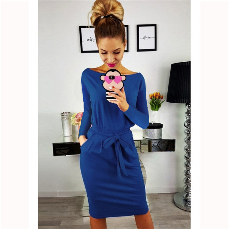 Trendy Tie-Belt Crew Neck Long Sleeve Slim Fit Mini Dress