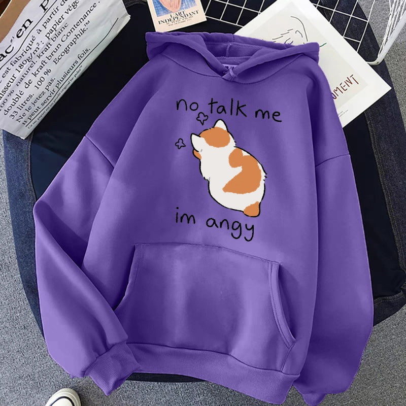 No Talk Me Cute Angry Cat Print Women Hoodie