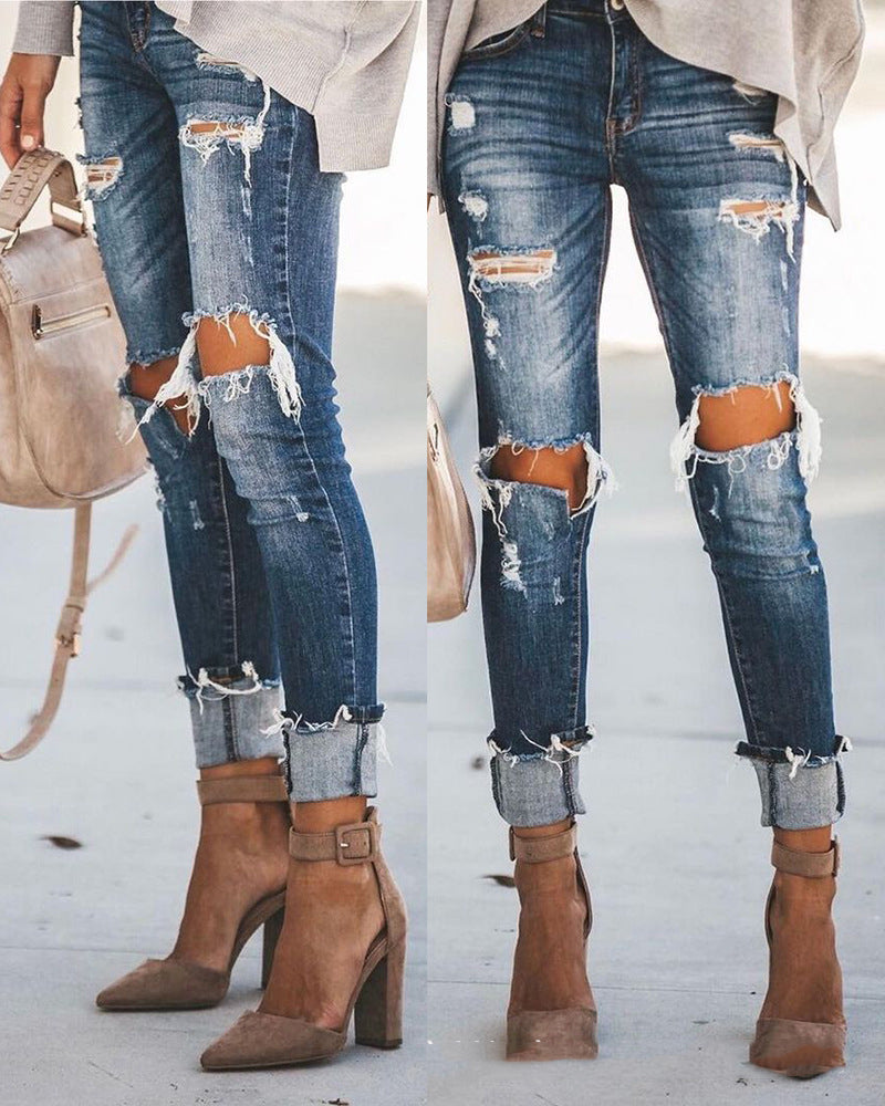 High-waisted Stretch Jeans With Ripped Feet And Slimming