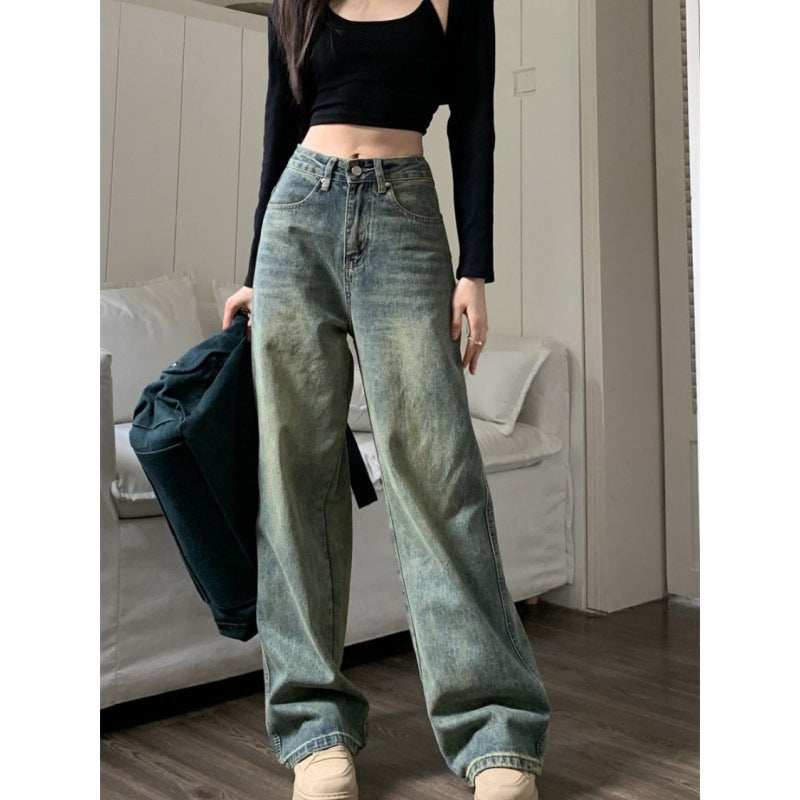 Retro Denim Women's Worn Looking Washed-out Straight Loose Figure Flattering Wide Leg Pants