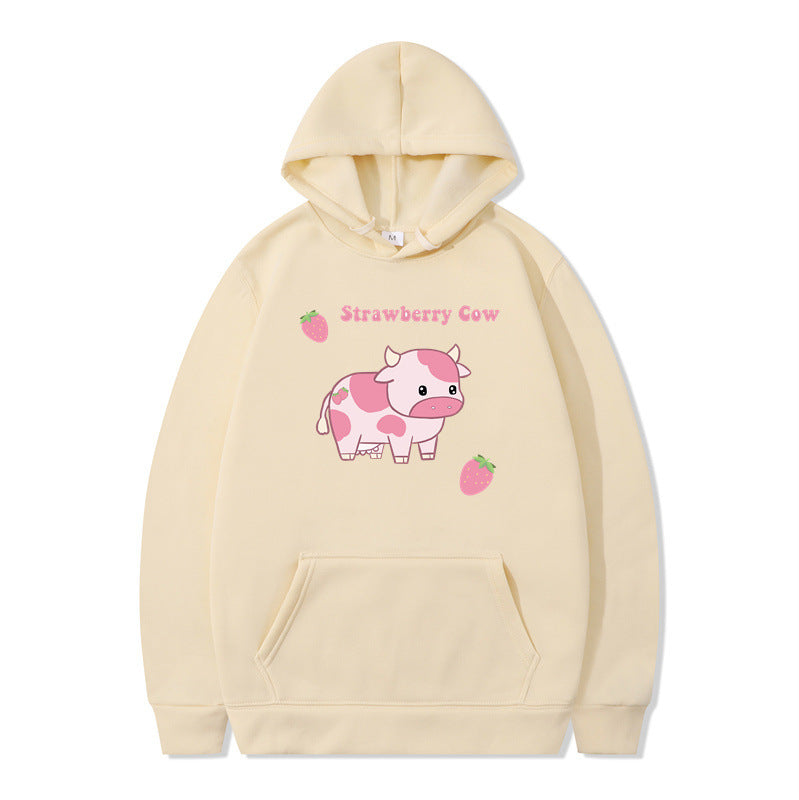 Strawberry Milk Print Long-sleeved Hoodie