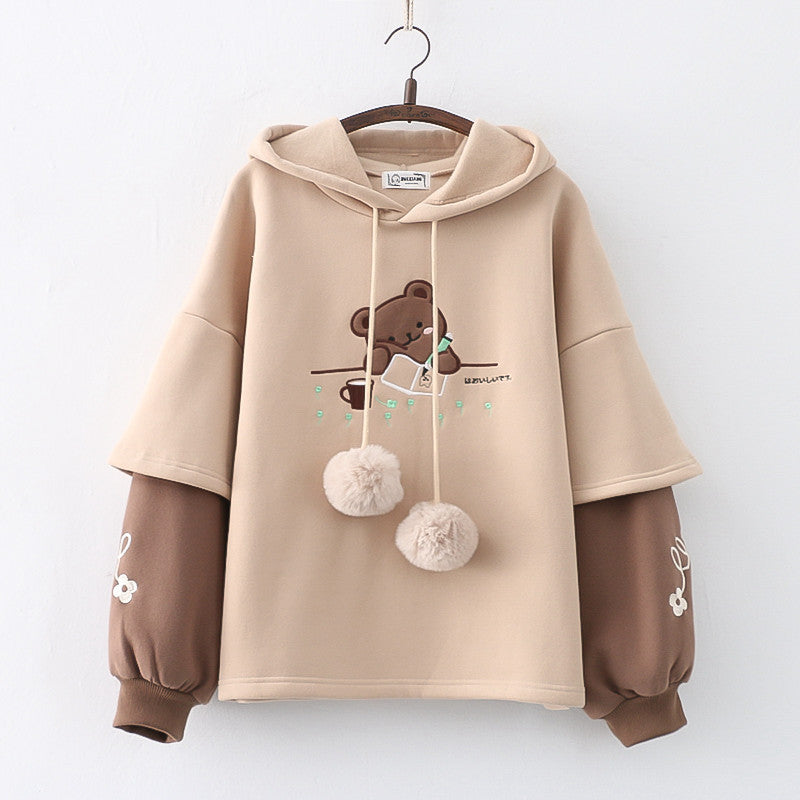 Japanese Mori Winter Fleece-lined Thickening Embroidery Painting Bear Hooded Pullover Women's Sweater